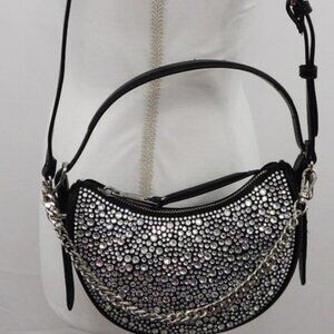 Aldo Black Rhinestone Crossbody Shoulder Bag with Chain Detail/Adjustable Strap